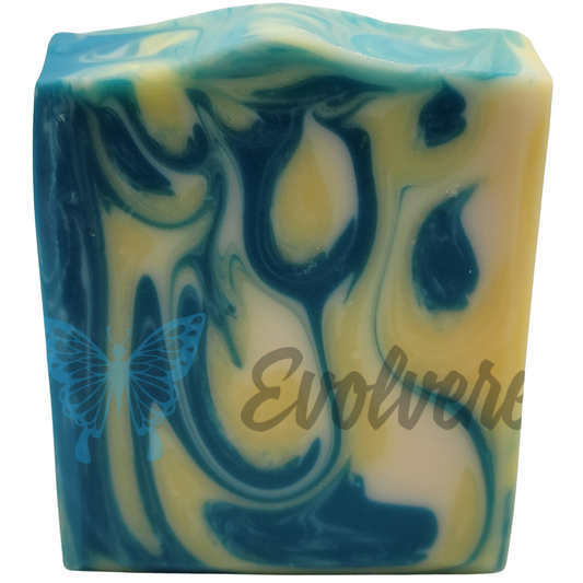 A yellow, white and blue/green swirled soap