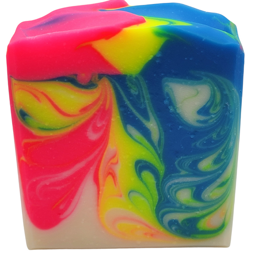 Neon  pink, yellow, blue and white bar of soap 