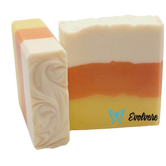 White, orange and yellow striped soap 