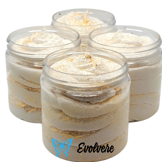 4 jars filled with white body butter, accented with gold skin safe mica. Listing is for 1 jar. 