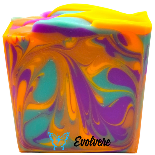 A vibrant soap swirled in colors of orange, blues and purples.
