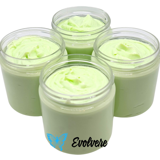 4 jars filled with a light lime green body butter. Listing is for 1 jar. 