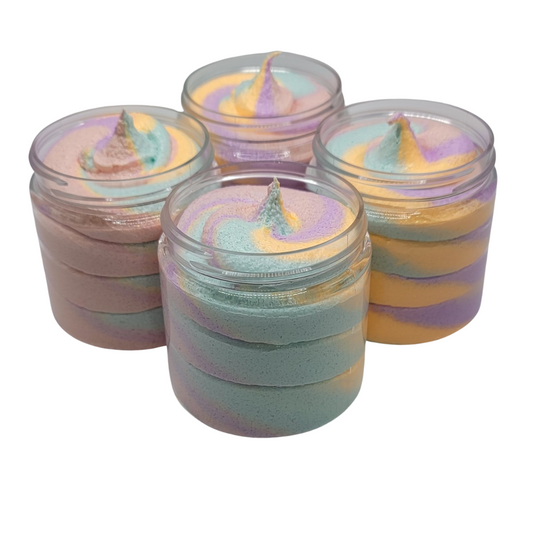 Four - 4 oz jars filled with our Coconut Lime Verbana Foaming Sugar Scrub in a beautiful mix of blue, purple, orange and soft peach colors. Listing is for 1 jar. 