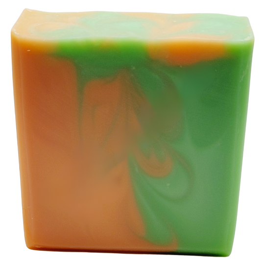 A tangerine orange and lime green colored soap swirled on each half - scented in cucumber melon