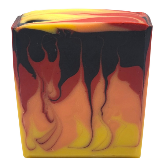Bar soap with a campfire look swirl in yellow, orange, red and black.