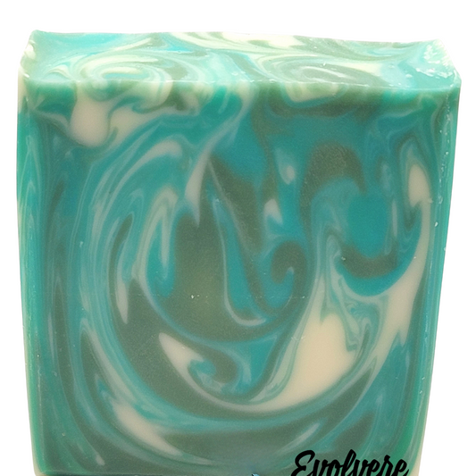 Bar soap with white green and blue swirls