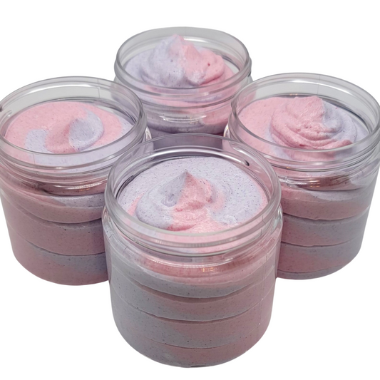 A soft pink and purple swirled body butter shown in 4- Four ounce jars. Listing is for 1 jar.