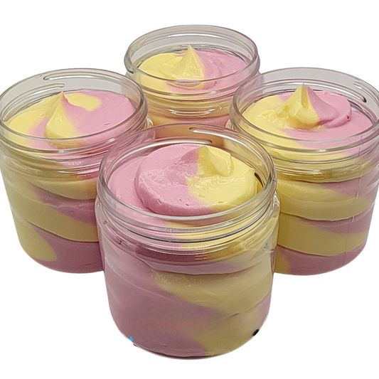 Four (4) 4-ounce jars with a beautiful pink and yellow swirled body butter. Listing is for one (1) 4-ounce jar. 