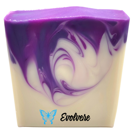 A beautifully swirled purple and white bar of soap.