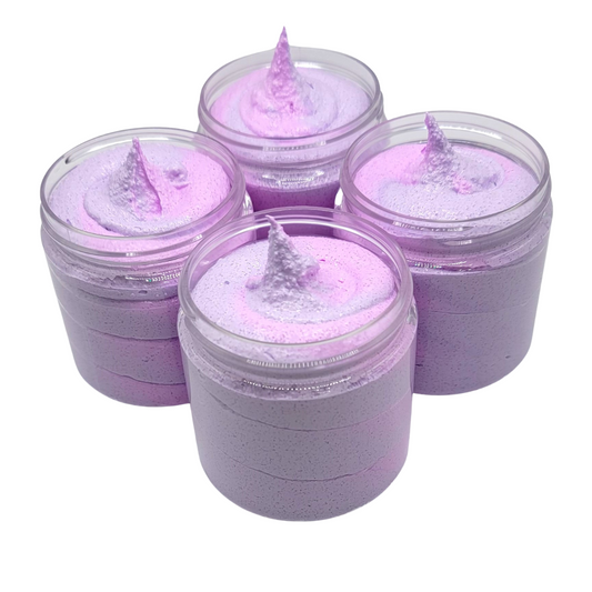 Four - 4 ounce jars filled with a two toned purple foaming sugar scrub. Listing is for 1 jar. 