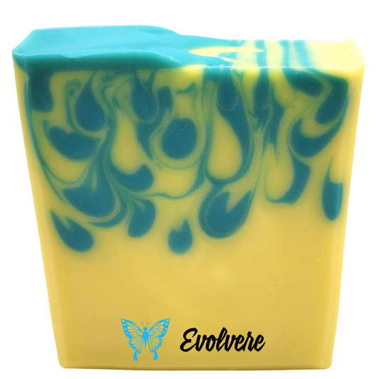 A yellow soap with a green/blue drop swirl.