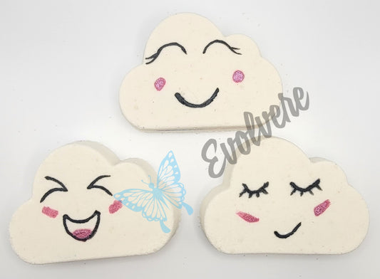 3 variations of Puffy Cloud Bath Art Bath Bomb - Happy, Laughing and Dreamy. Listing is for one (1) bath bomb. Chose variation when ordering.