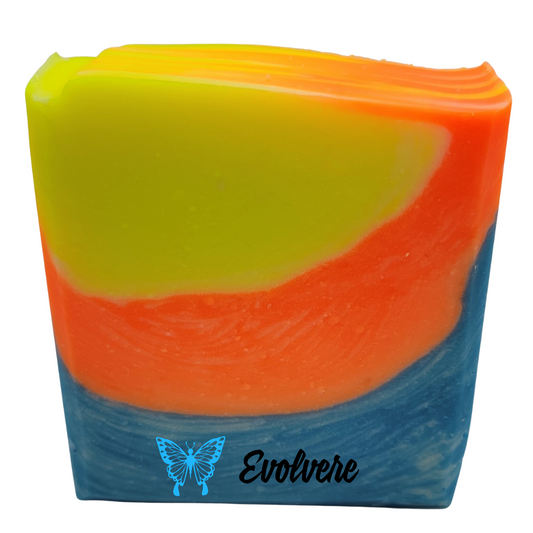 A beautiful combination of neon blue, orange and yellow in a curved layer effect.