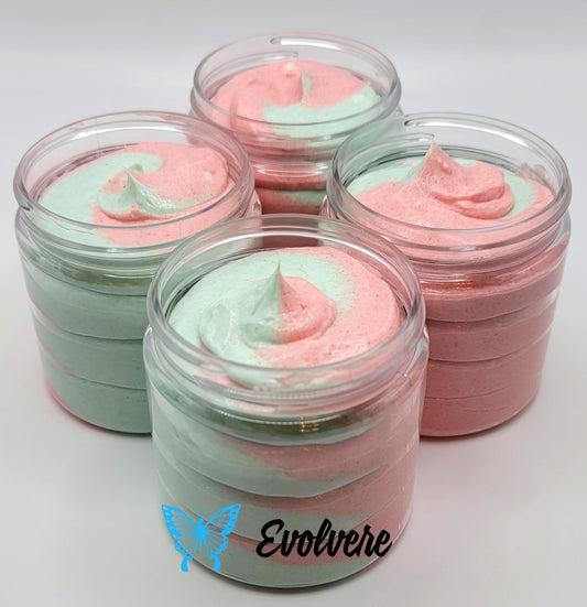 A beautiful swirl of light green and light orange body butter shown in 4 Four ounce jars. Listing is for 1 jar. 