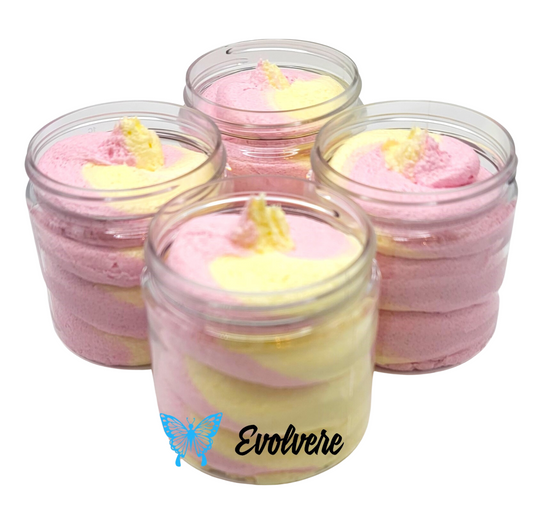 Four 4 ounce jars filled with a pink and yellow swirled foaming sugar scrub. Listing is for 1 jar. 