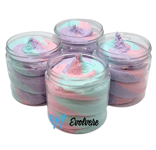 Four 4 ounce jars filled with a pink, blue and purple foaming sugar scrub. Listing is for 1 jar.