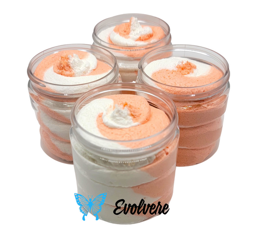 Four 4 ounce jars with a white and orange swirled foaming sugar scrub. Listing is for 1 jar.