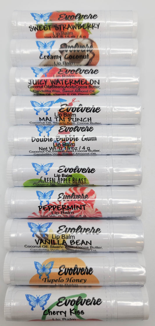 All ten lip balm tubes lined up vertically showing name of each lip balm 
