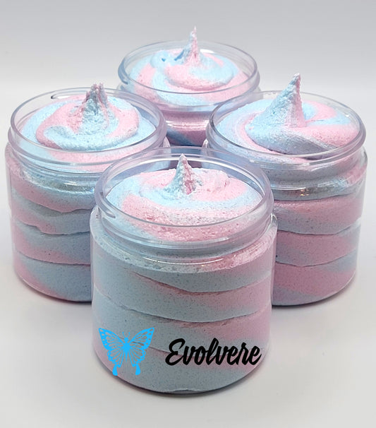 4 jars filled with baby blue and pink swirled foaming sugar scrub. Listing is for 1 jar. 