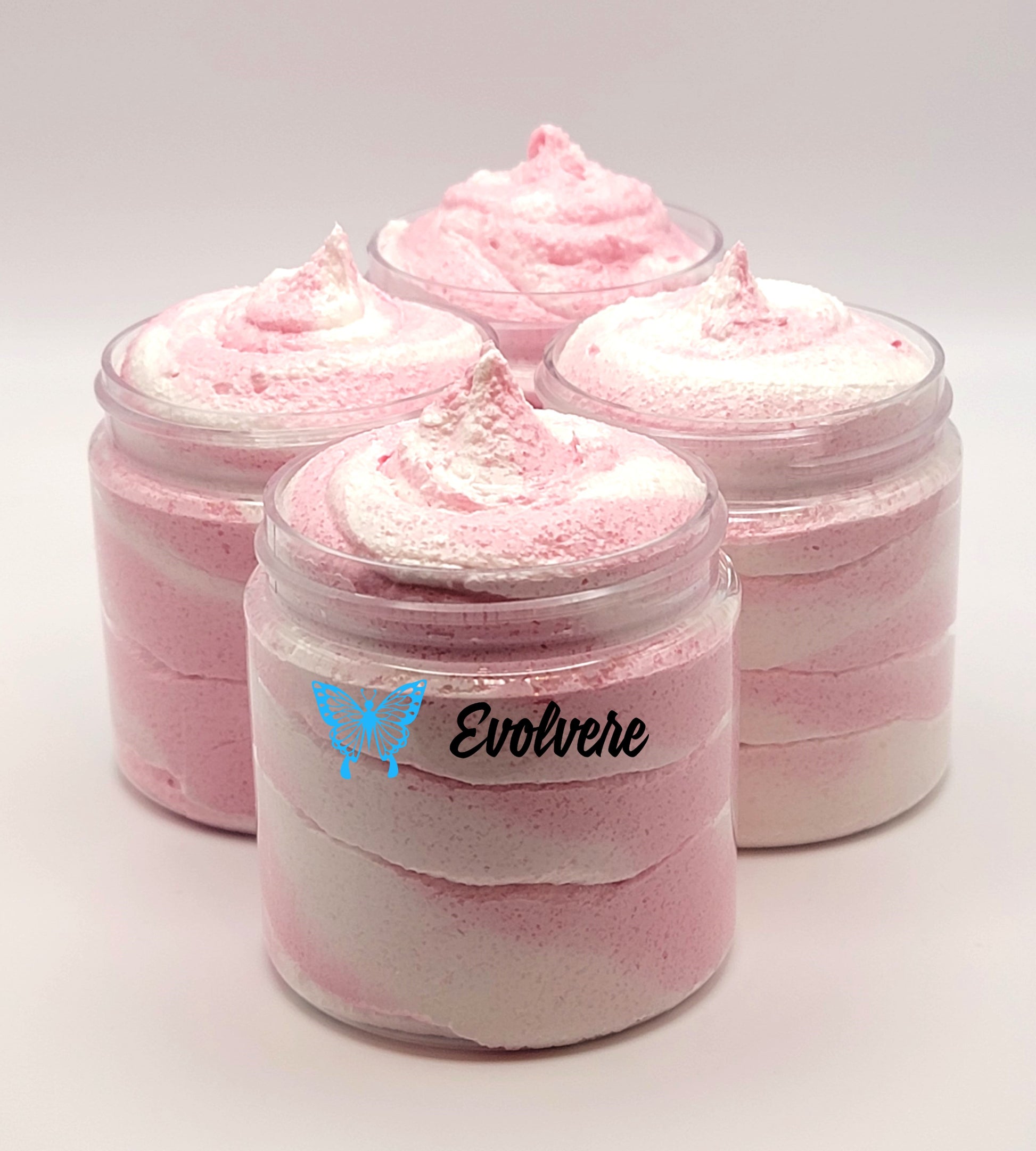 4 jars filled with pink and white swirled foaming sugar scrub. Listing is for 1 jar. 