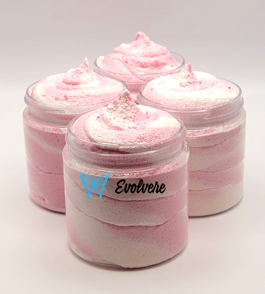 4 jars filled with pink and white swirled foaming sugar scrub. Listing is for 1 jar. 
