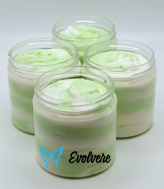 Green and white swirled body butter shown in 4 jars - listing is for 1 jar