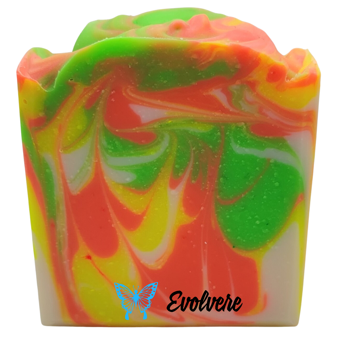 An orange, yellow, white and green swirled soap. 