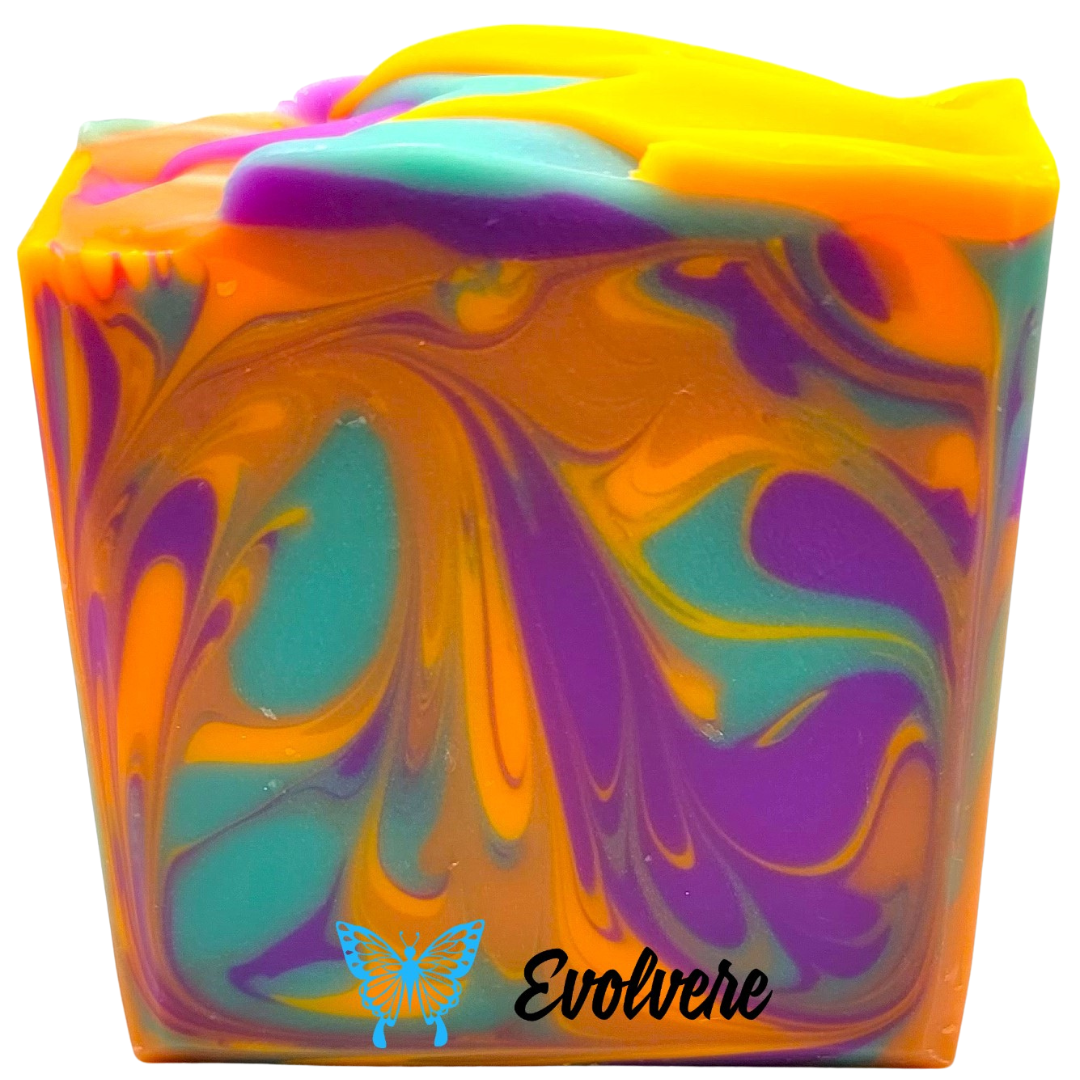 A vibrant soap swirled in colors of orange, blues and purples.