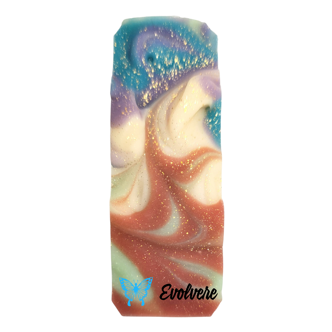 A beautiful textured soap top in white, blue, purple, light green and burgundy and toped lightly with a plant based biodegradable glitter. 